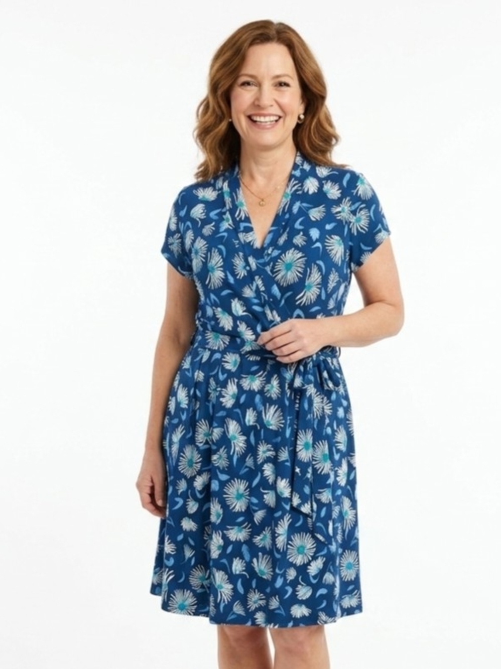 Liz Claiborne Navy Floral Faux Wrap Dress XL Short Sleeve Knee Length